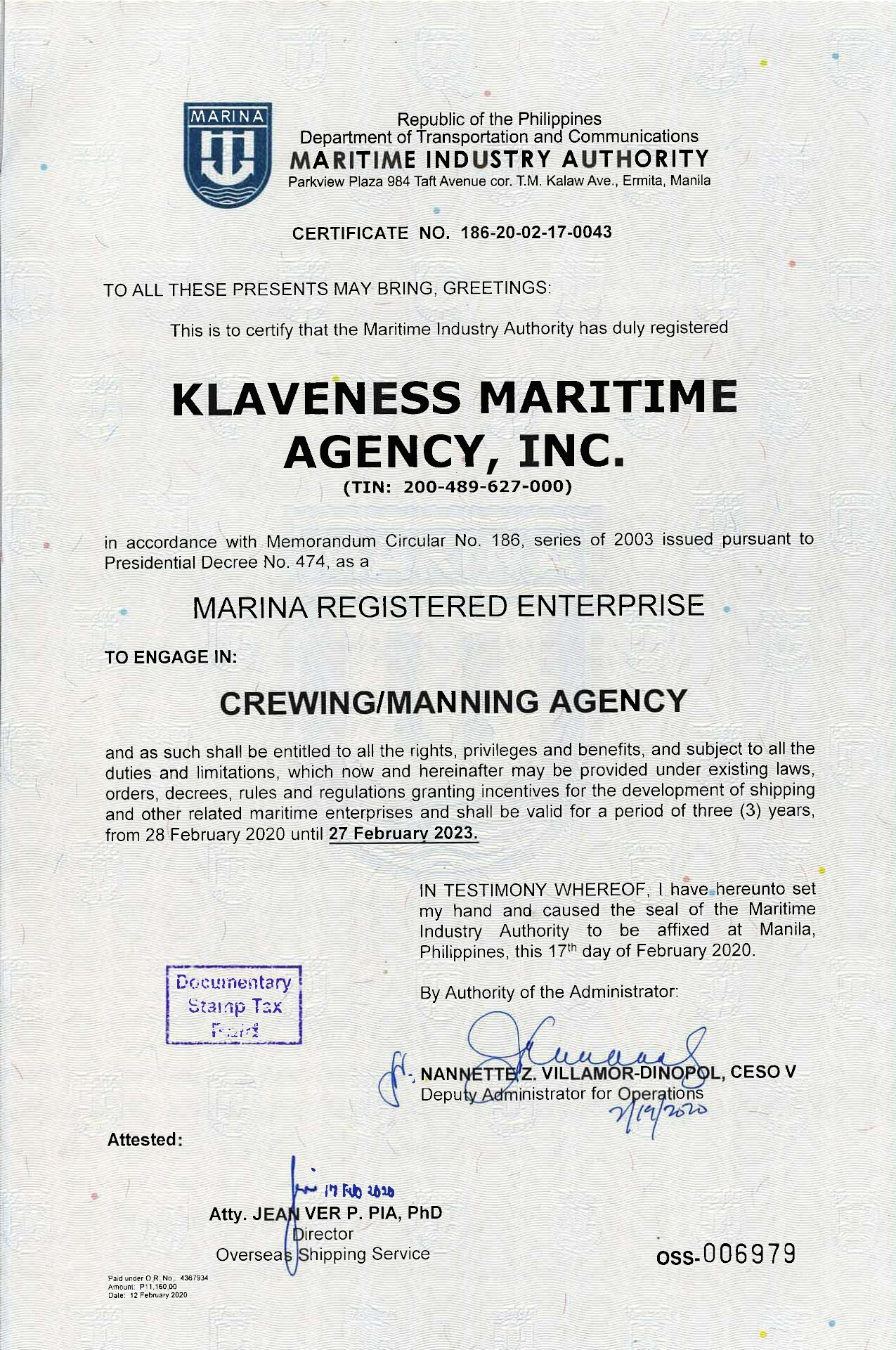 Certification Klaveness Maritime Agency